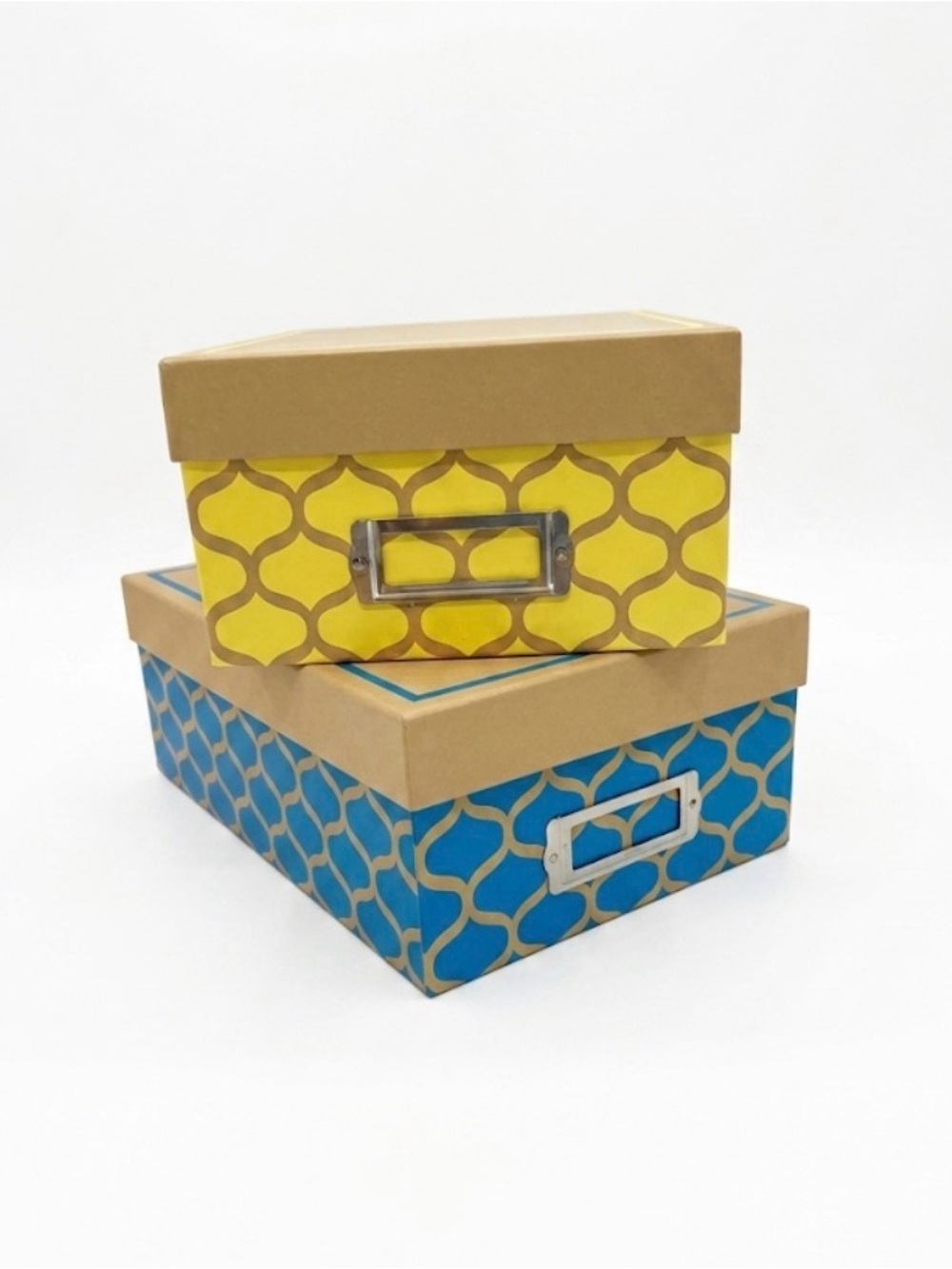 Yellow and Blue Patterned Storage Boxes with Lids